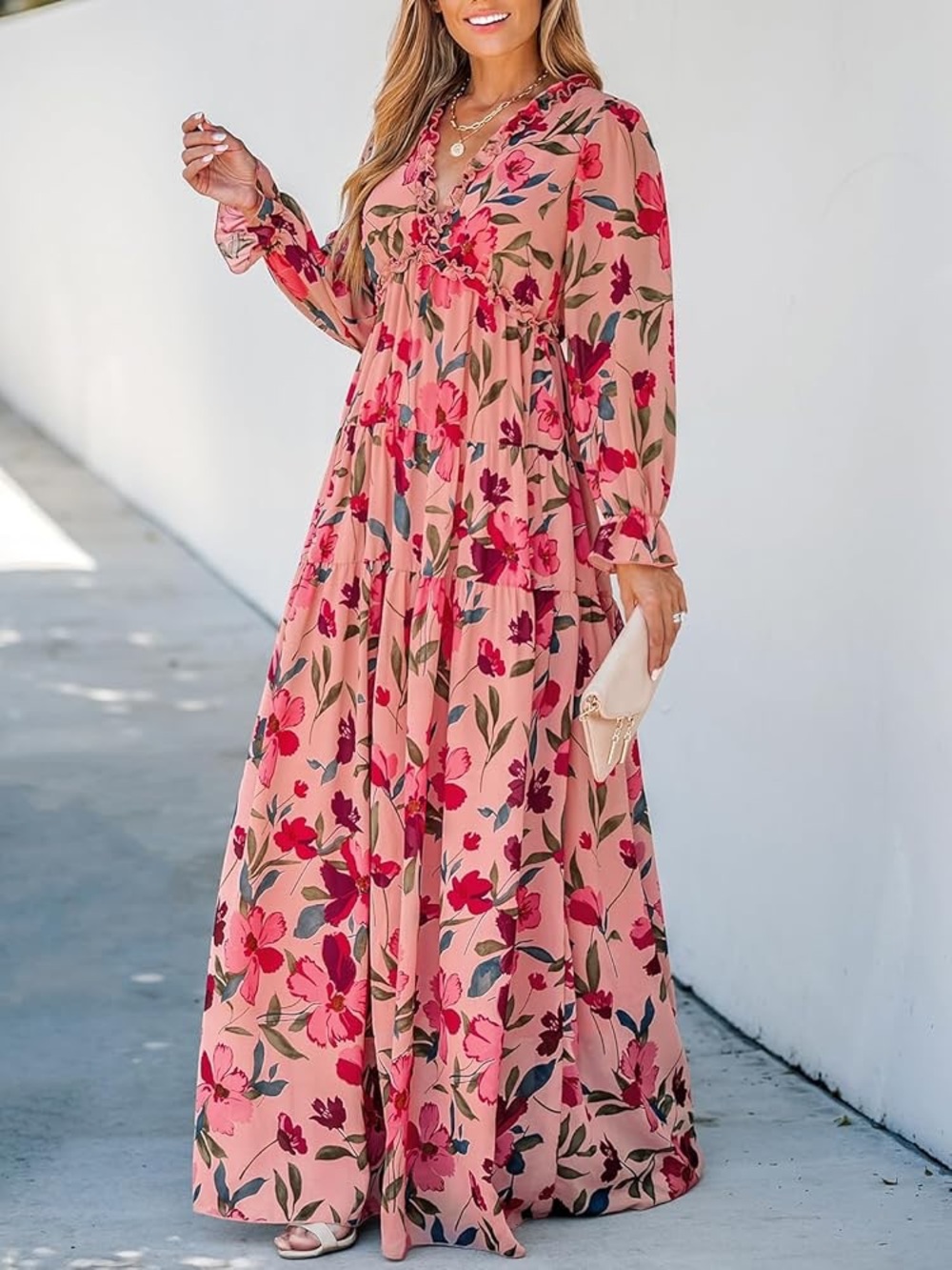 Floral Pink Maxi Dress with Long Sleeves